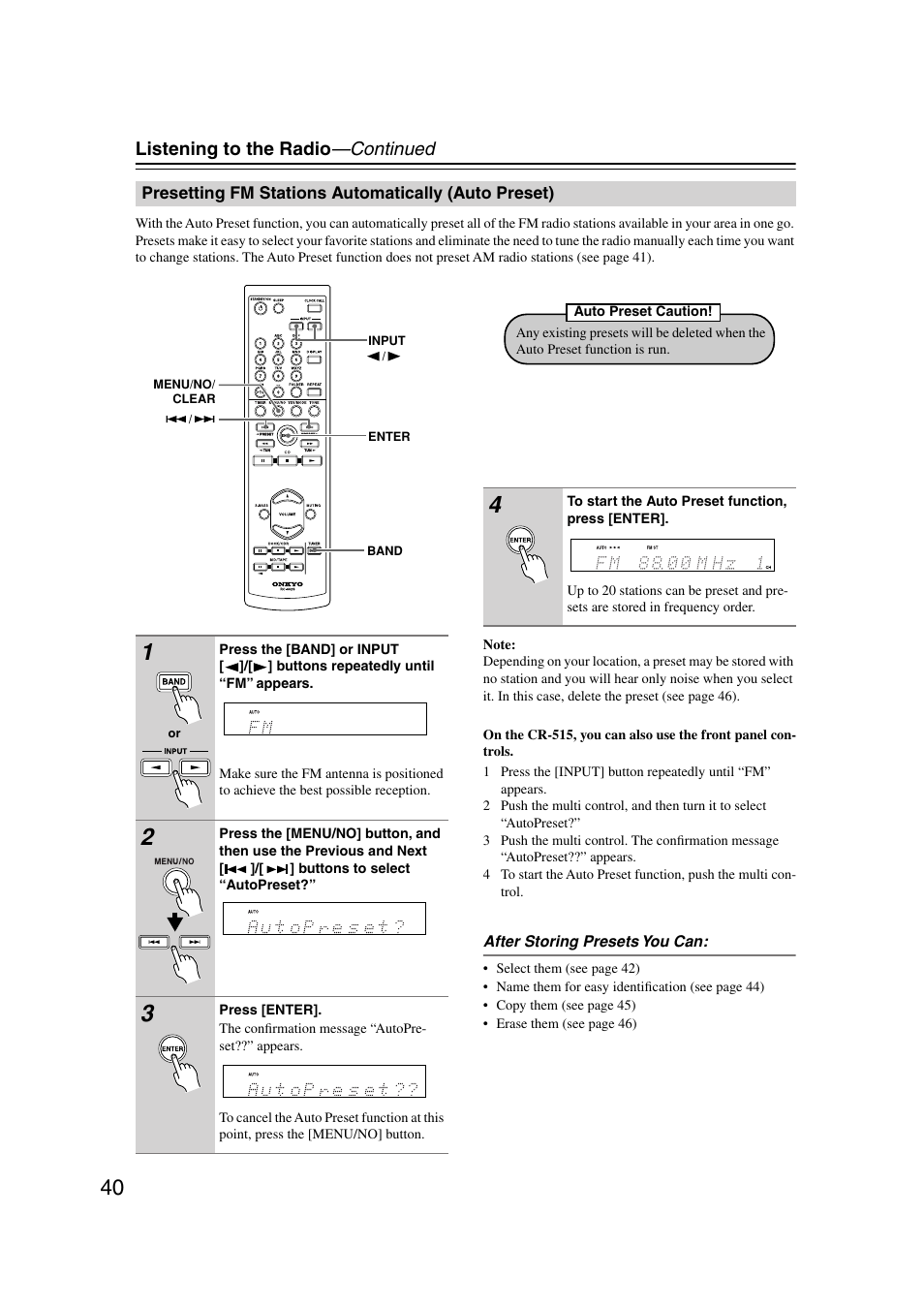 Presetting fm stations automatically (auto preset), Presetting fm stations automatically, Auto preset) | Listening to the radio —continued | Onkyo CR-515 CR-315 User Manual | Page 40 / 60