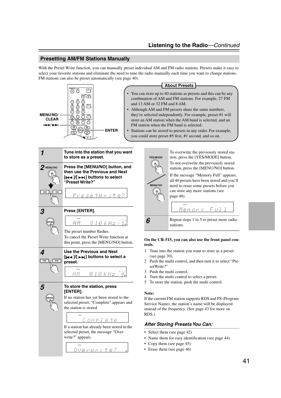 Presetting am/fm stations manually, Listening to the radio —continued | Onkyo CR-515 CR-315 User Manual | Page 41 / 60