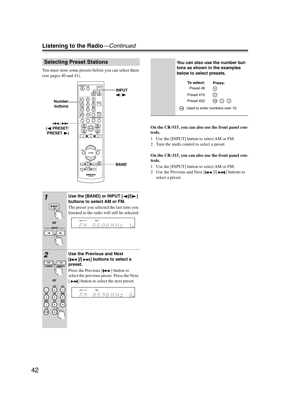 Selecting preset stations, Listening to the radio —continued | Onkyo CR-515 CR-315 User Manual | Page 42 / 60