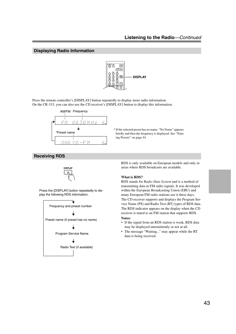 Displaying radio information, Receiving rds, Displaying radio information receiving rds | Listening to the radio —continued | Onkyo CR-515 CR-315 User Manual | Page 43 / 60