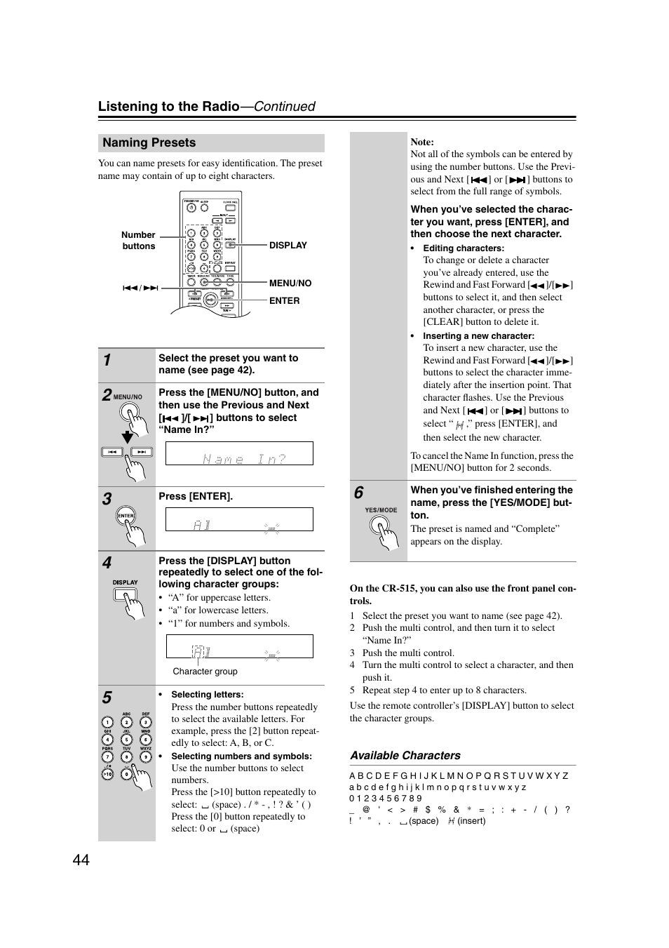 Naming presets, Listening to the radio —continued | Onkyo CR-515 CR-315 User Manual | Page 44 / 60