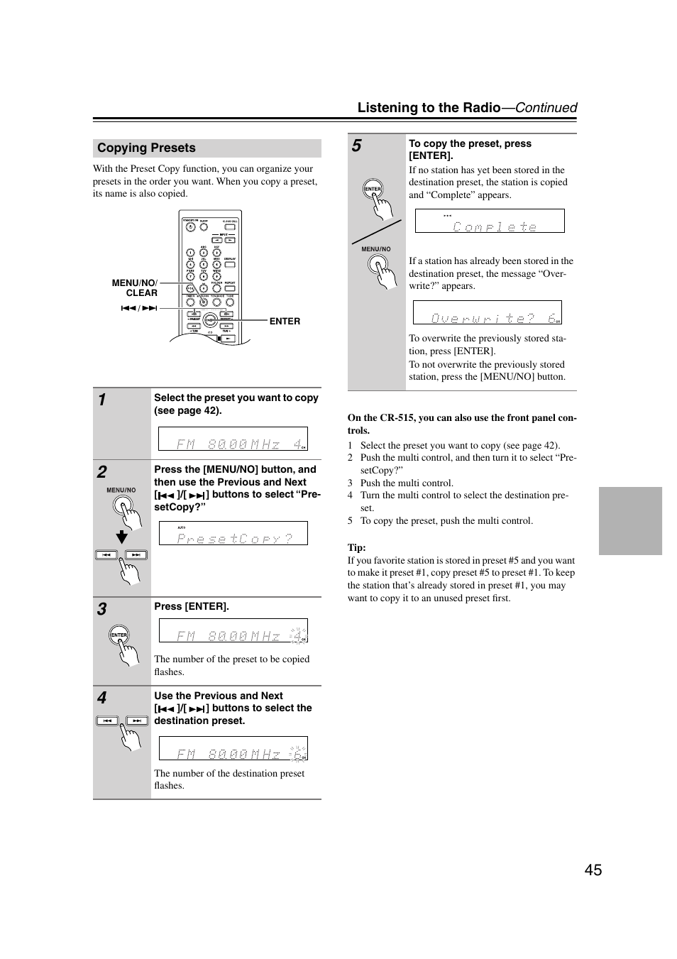 Copying presets | Onkyo CR-515 CR-315 User Manual | Page 45 / 60