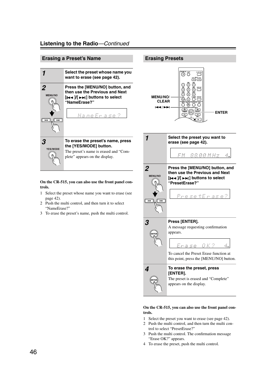 Erasing a preset’s name, Erasing presets, Erasing a preset’s name erasing presets | Onkyo CR-515 CR-315 User Manual | Page 46 / 60