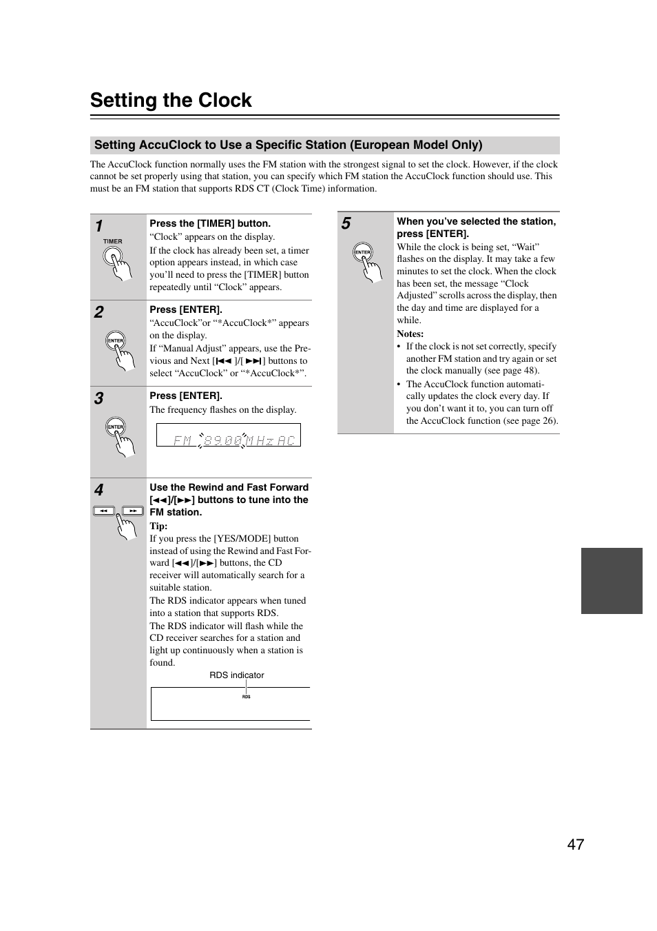 Setting the clock, Setting accuclock to use a specific, Station (european model only) | Onkyo CR-515 CR-315 User Manual | Page 47 / 60