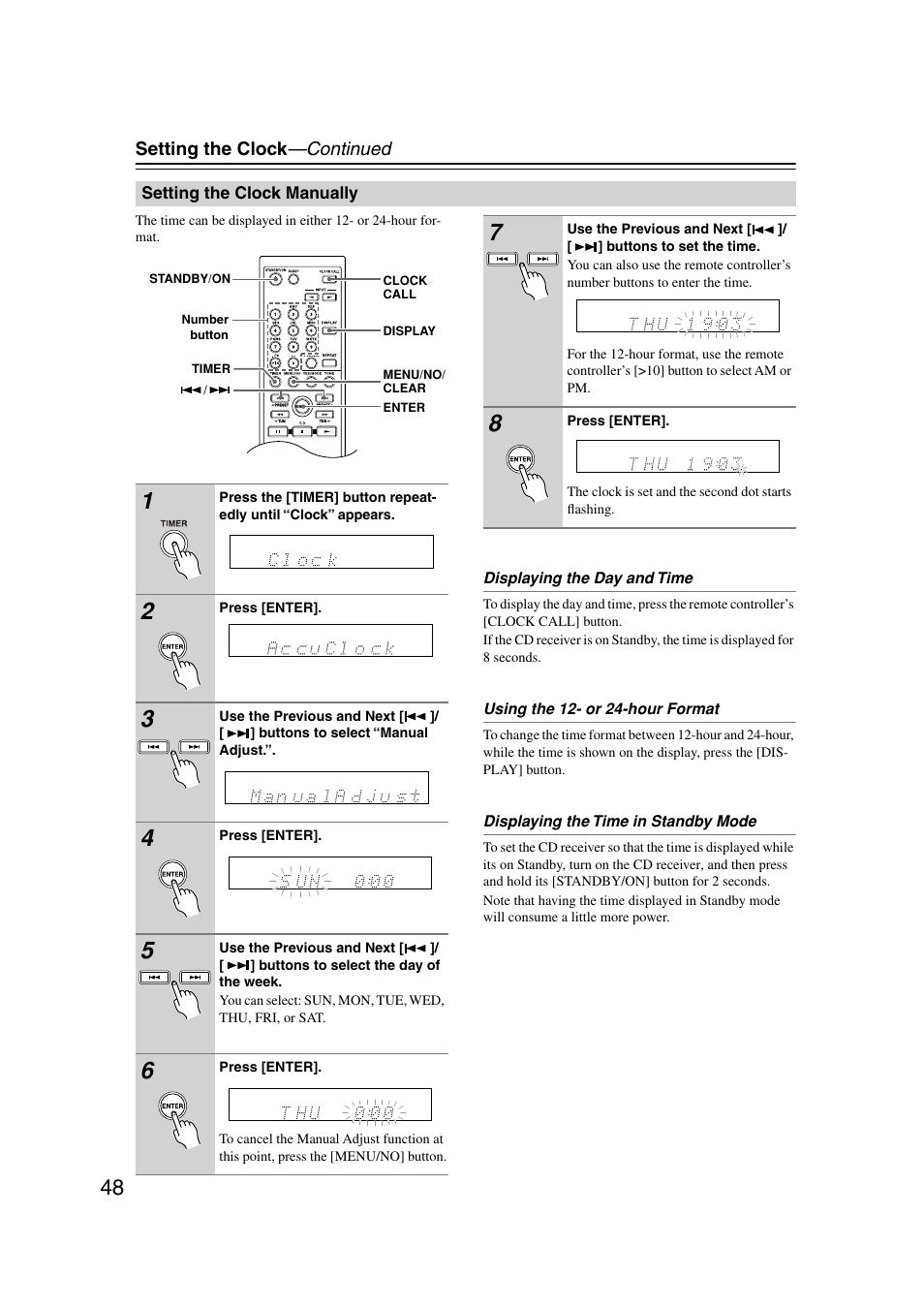 Setting the clock manually, Utton (48) | Onkyo CR-515 CR-315 User Manual | Page 48 / 60