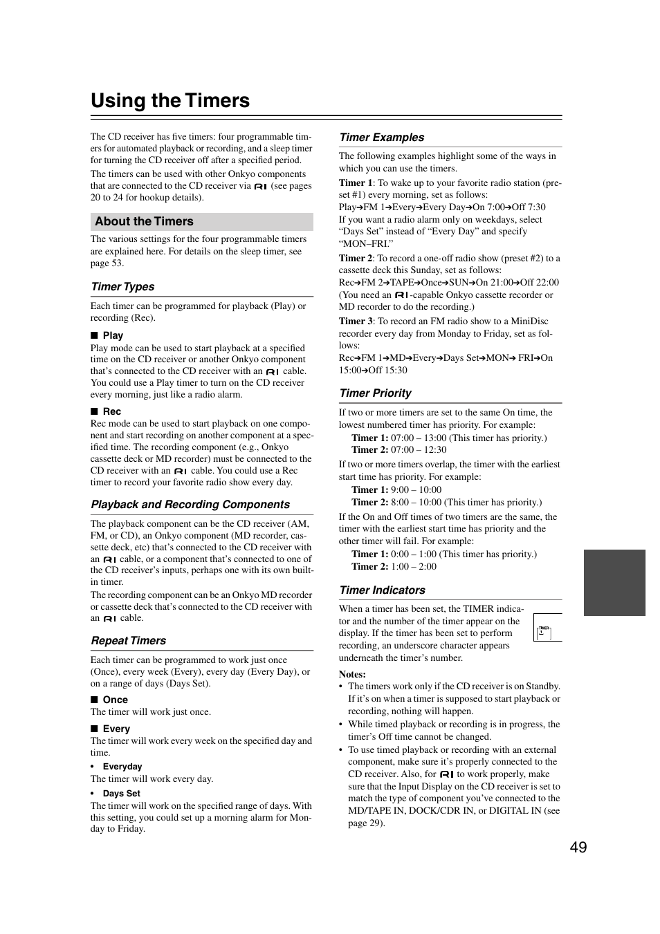 Using the timers, About the timers | Onkyo CR-515 CR-315 User Manual | Page 49 / 60