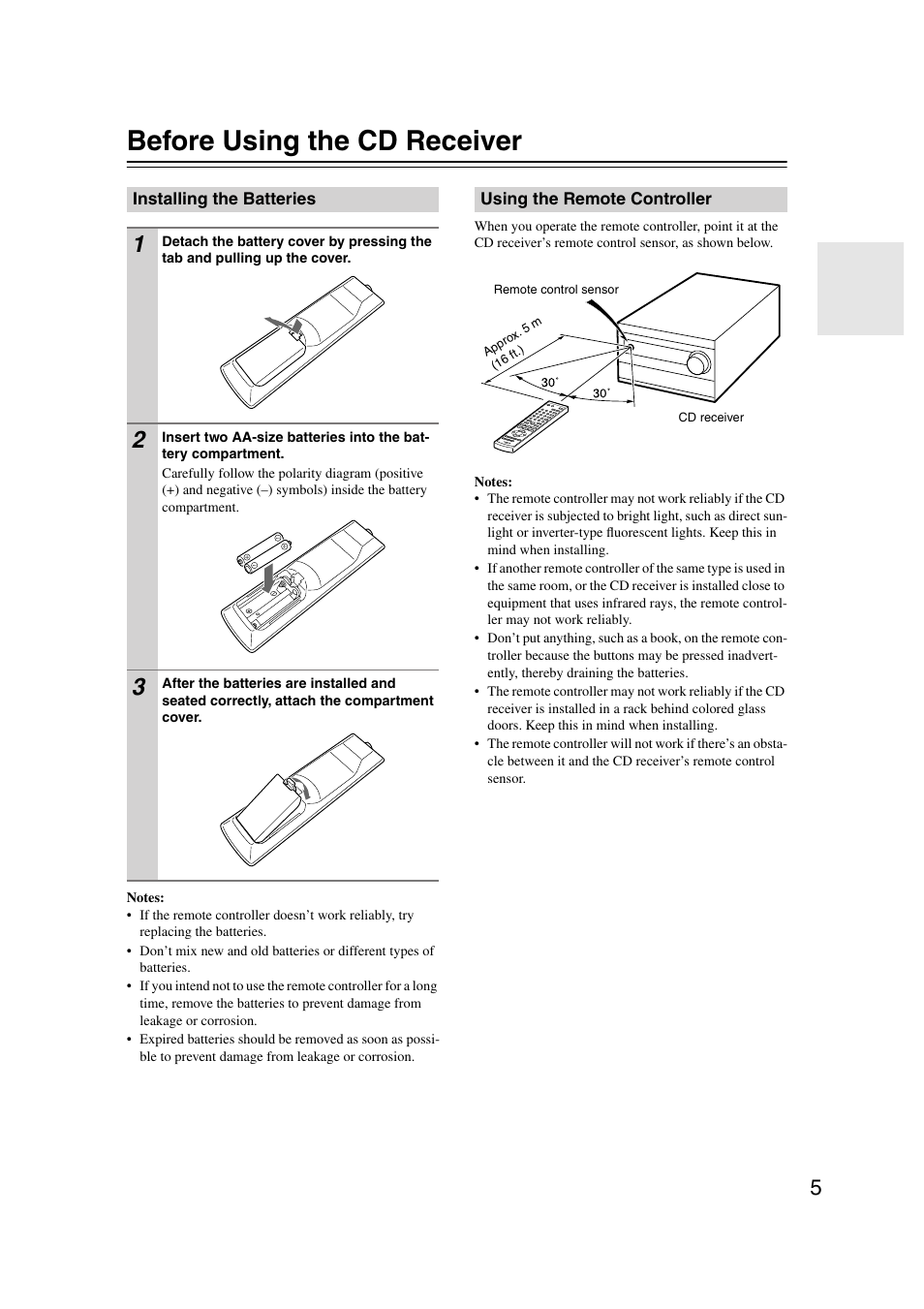 Before using the cd receiver, Installing the batteries, Using the remote controller | Onkyo CR-515 CR-315 User Manual | Page 5 / 60