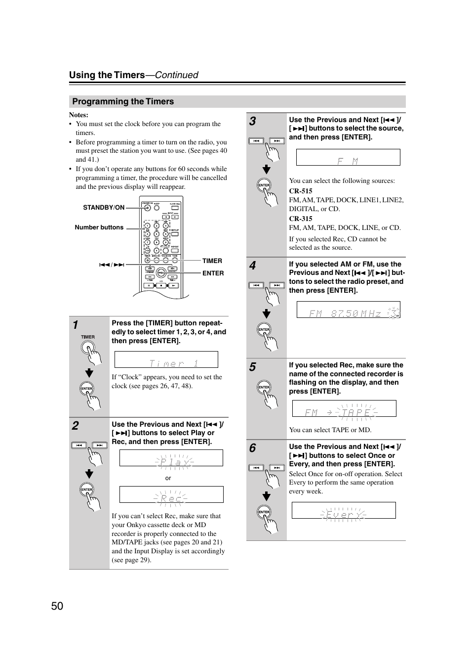 Programming the timers, Using the timers —continued | Onkyo CR-515 CR-315 User Manual | Page 50 / 60