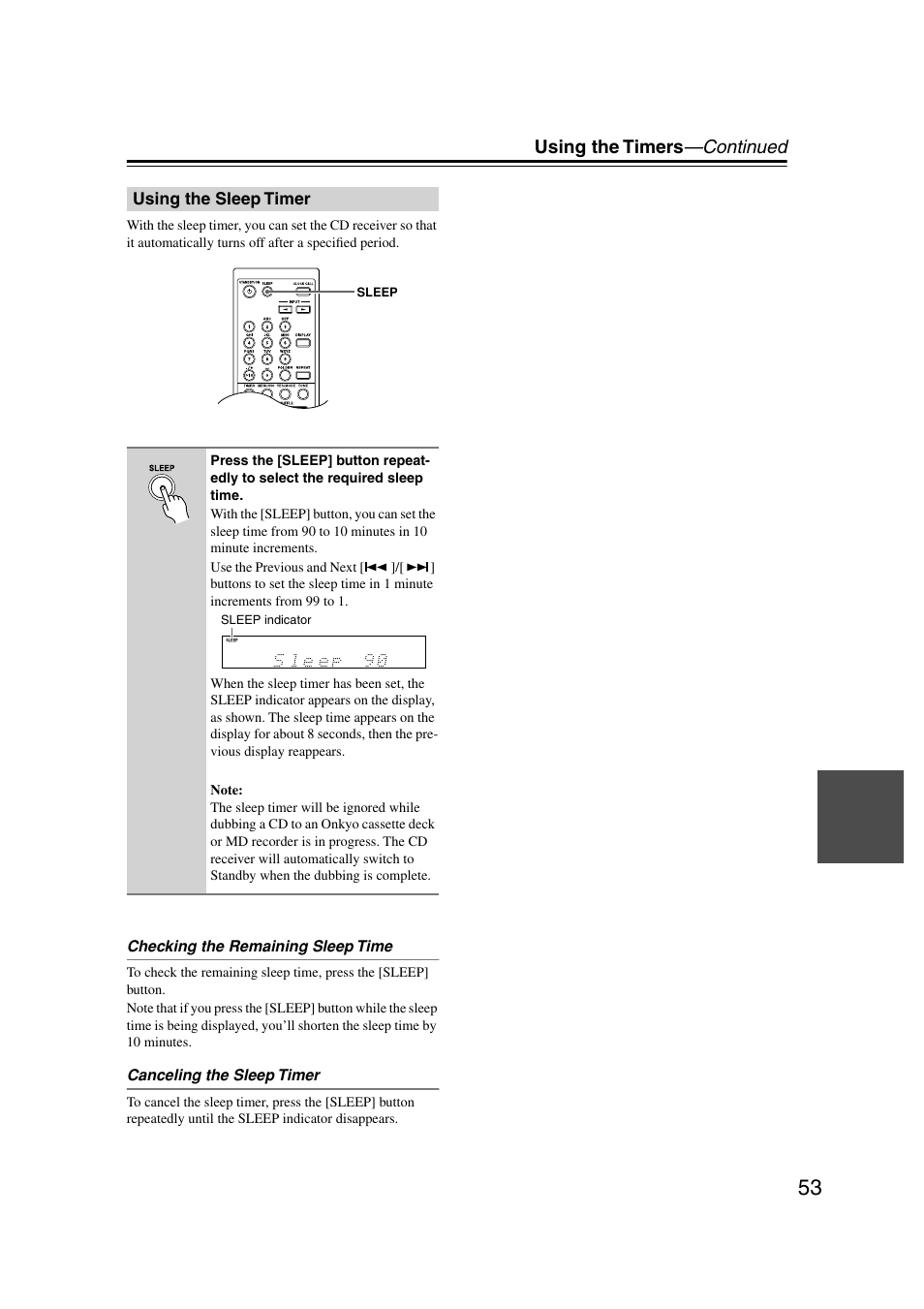 Using the sleep timer, Utton (53), Using the timers —continued | Onkyo CR-515 CR-315 User Manual | Page 53 / 60