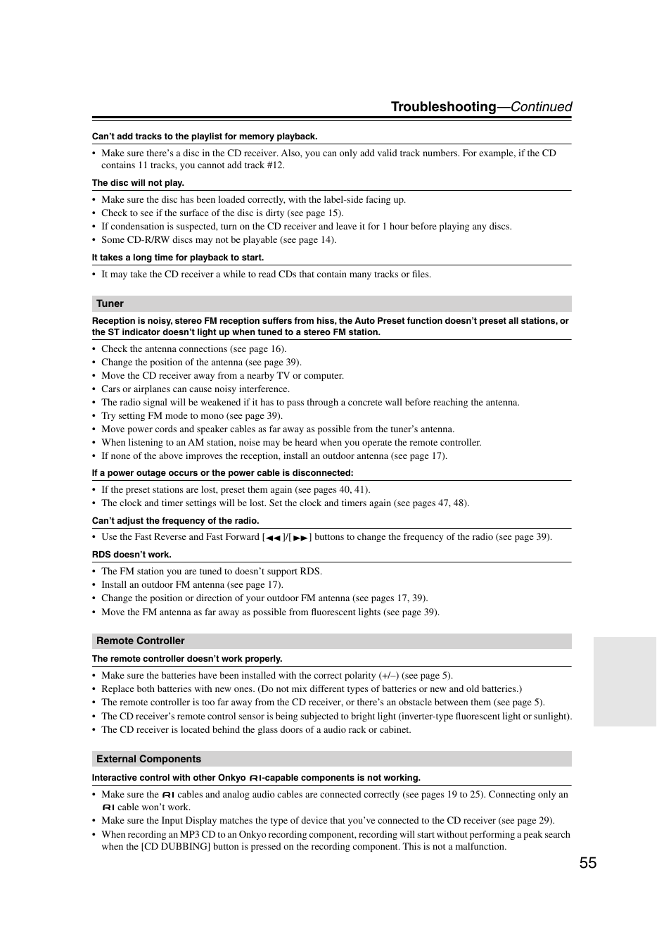 Troubleshooting —continued | Onkyo CR-515 CR-315 User Manual | Page 55 / 60