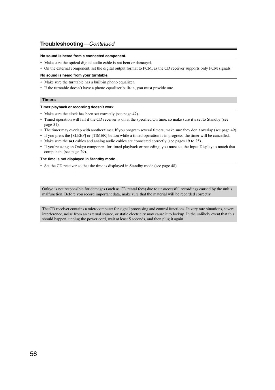 Troubleshooting —continued | Onkyo CR-515 CR-315 User Manual | Page 56 / 60