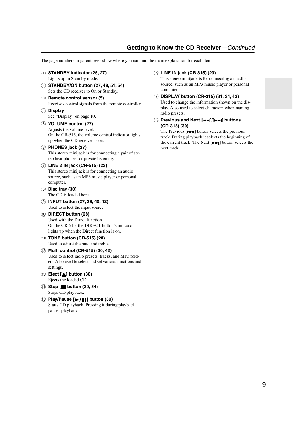 Getting to know the cd receiver —continued | Onkyo CR-515 CR-315 User Manual | Page 9 / 60