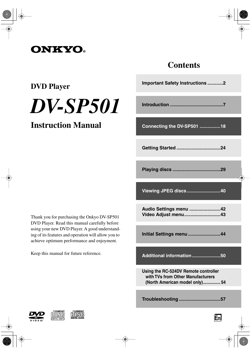 Onkyo DV-SP501 User Manual | 60 pages