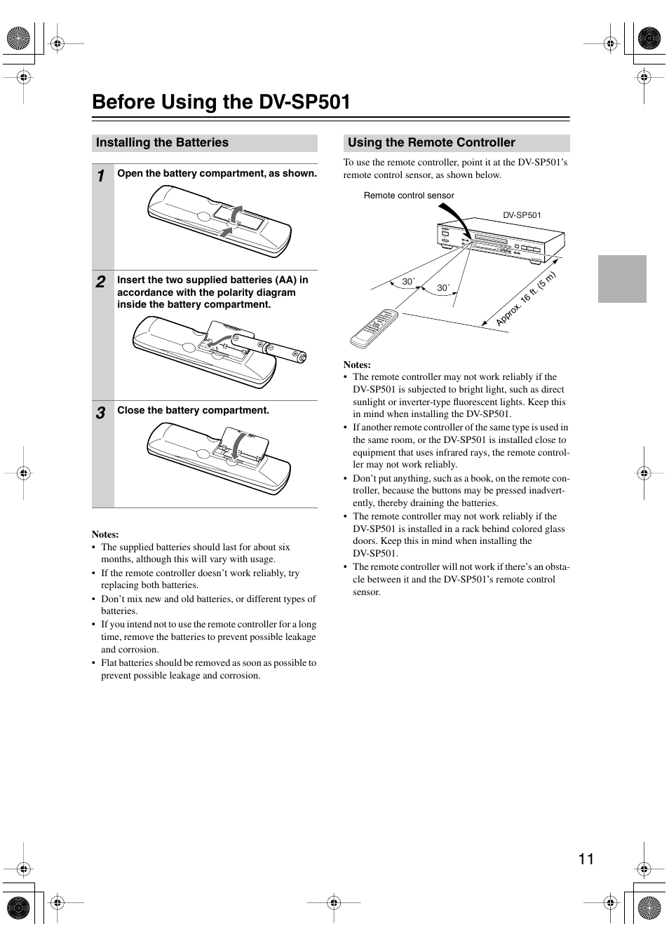 Before using the dvsp501, Installing the batteries, Using the remote controller | Before using the dv-sp501 | Onkyo DV-SP501 User Manual | Page 11 / 60