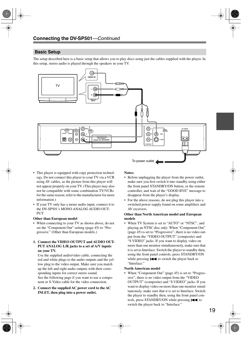 Basic setup, Udio output [19, Video output [19 | Connecting the dv-sp501 —continued | Onkyo DV-SP501 User Manual | Page 19 / 60