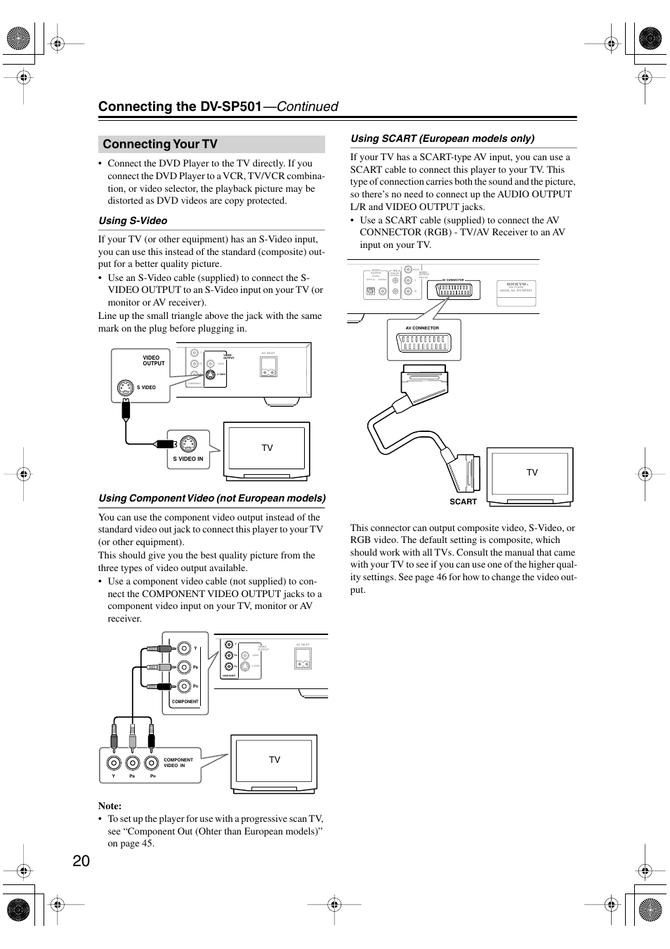 Connecting your tv, Video output [20, Or [20 | Connecting the dv-sp501 —continued | Onkyo DV-SP501 User Manual | Page 20 / 60
