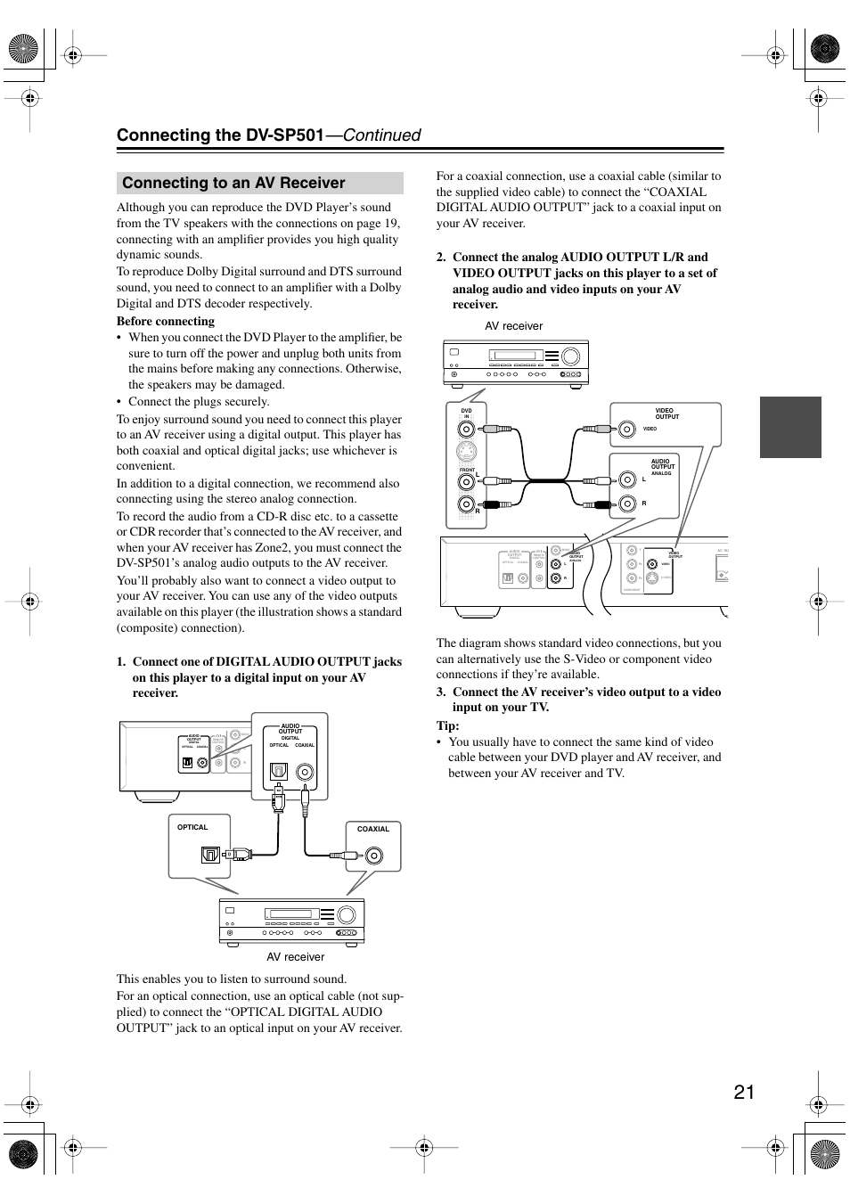 Connecting to an av receiver, Udio output [21, Connecting the dv-sp501 —continued | Onkyo DV-SP501 User Manual | Page 21 / 60