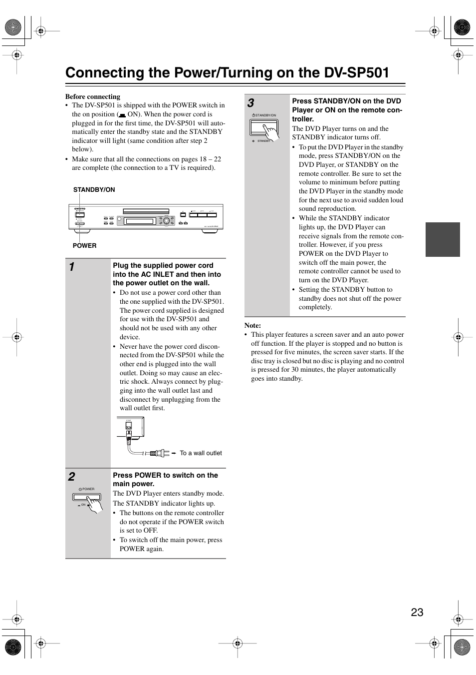 Connecting the power/turning on the dvsp501, Connecting the power/turning, On the dv-sp501 | H [23, Utton [23, Andby indicator [23, Inlet [23, Connecting the power/turning on the dv-sp501 | Onkyo DV-SP501 User Manual | Page 23 / 60