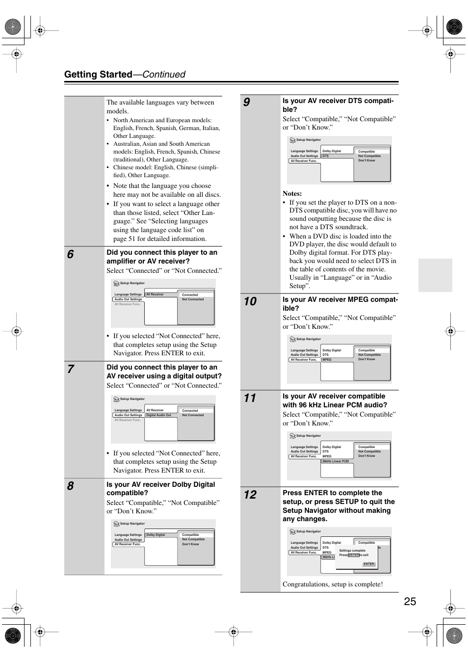 Getting started —continued | Onkyo DV-SP501 User Manual | Page 25 / 60