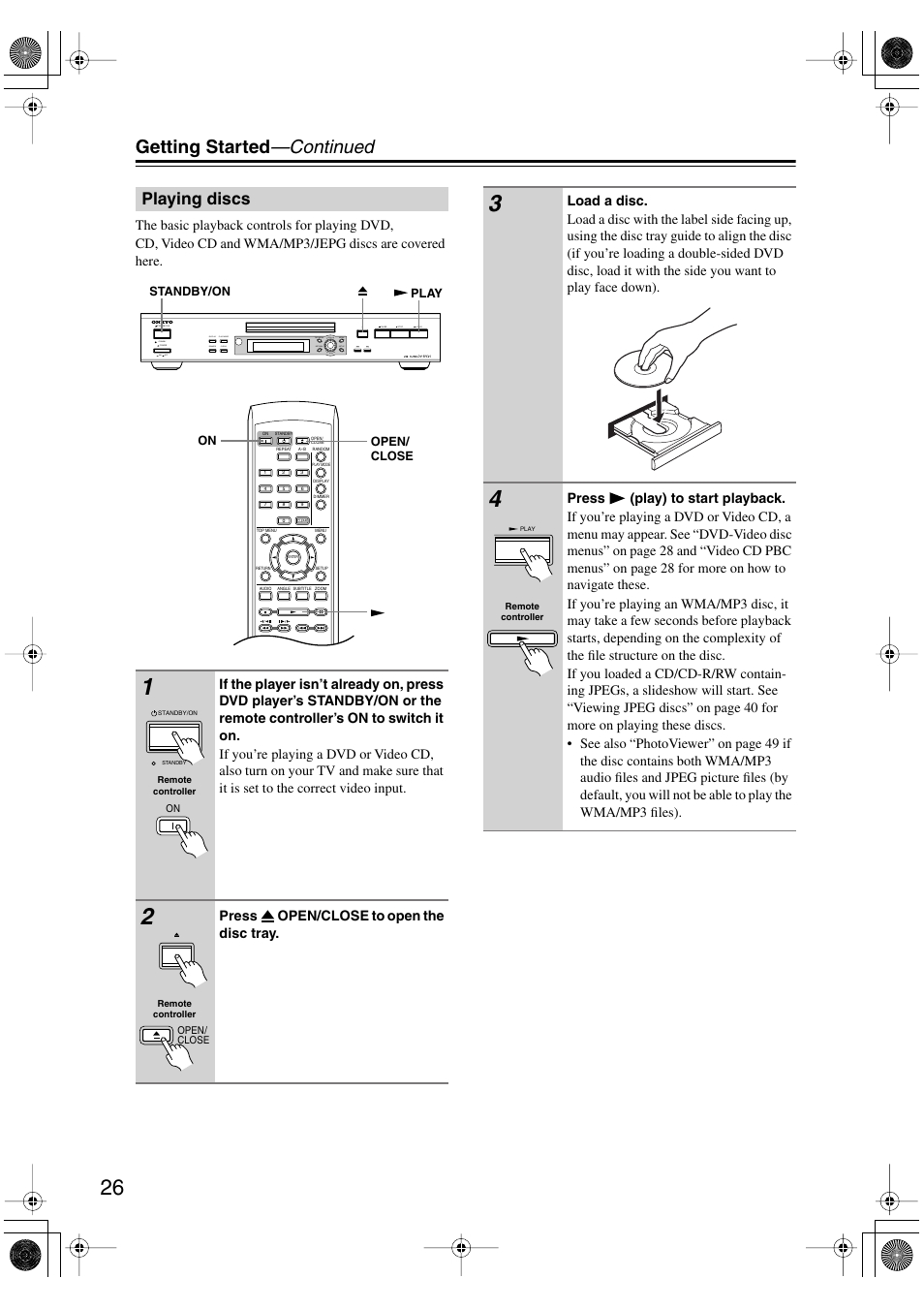 Playing discs, Y [26, Utton [26 | Getting started —continued | Onkyo DV-SP501 User Manual | Page 26 / 60