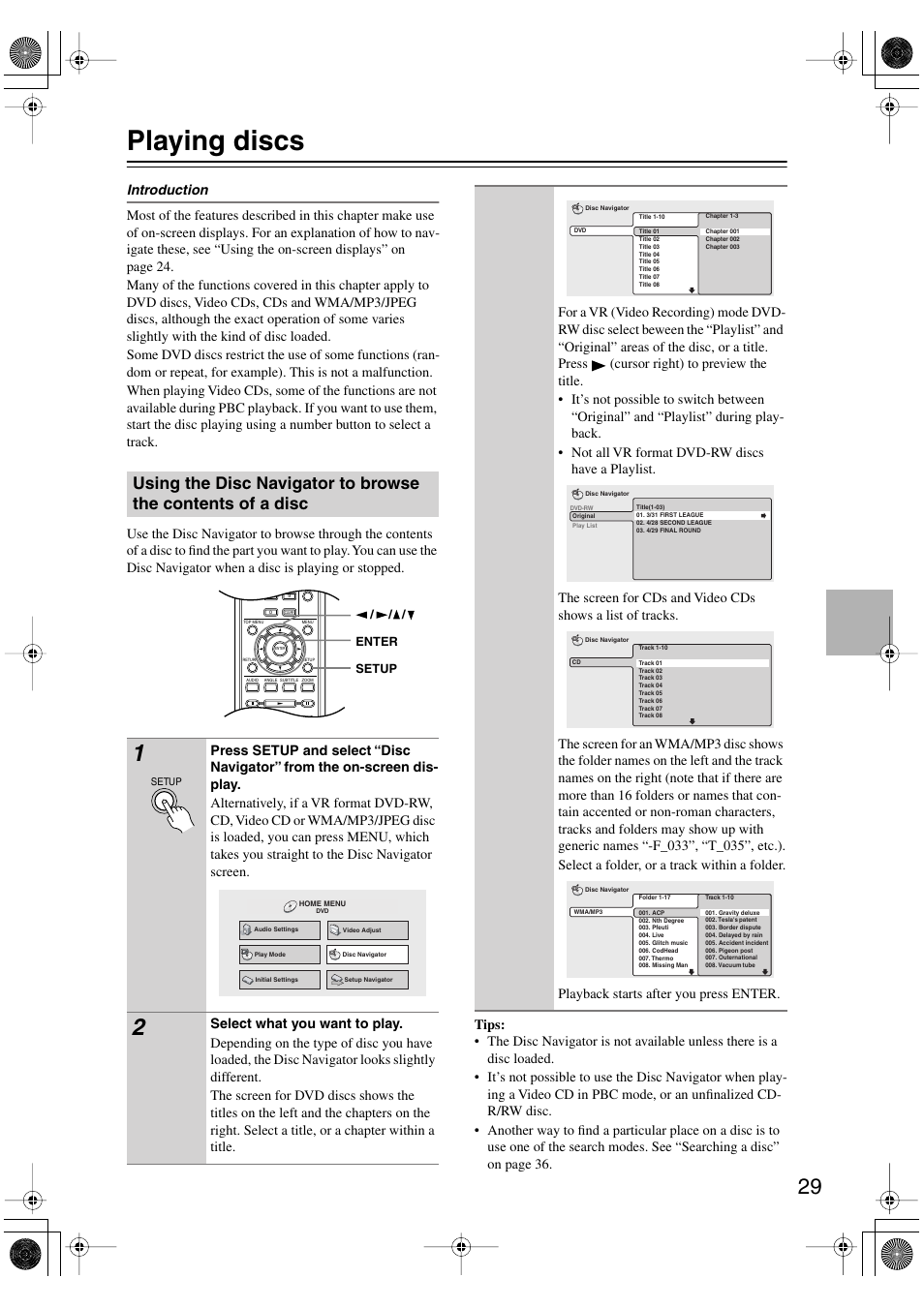 Playing discs, Using the disc navigator to browse, The contents of a disc | Onkyo DV-SP501 User Manual | Page 29 / 60