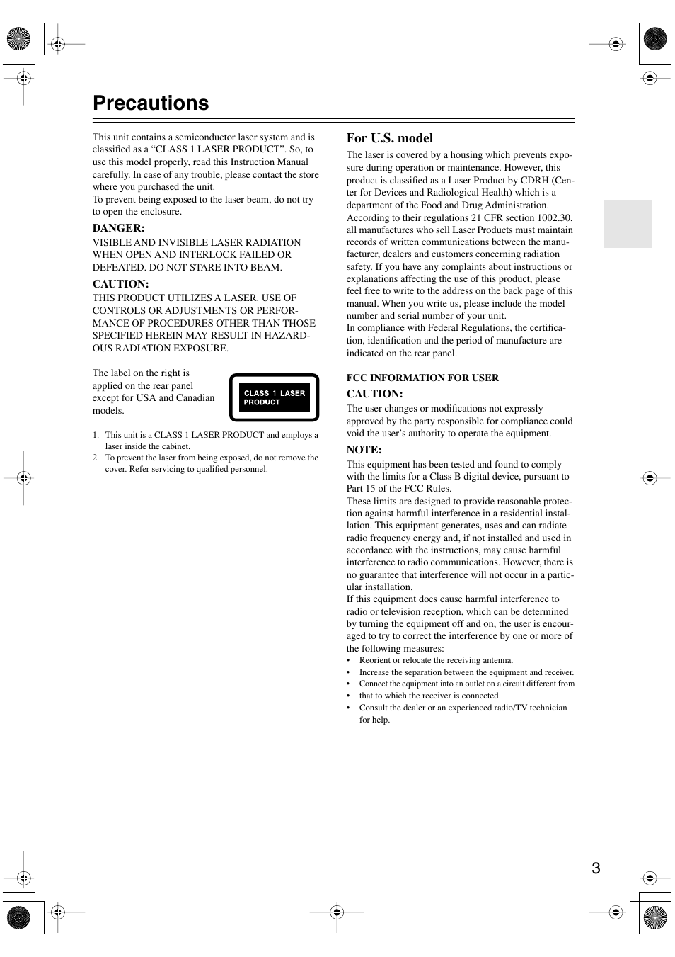 Precautions, For u.s. model | Onkyo DV-SP501 User Manual | Page 3 / 60