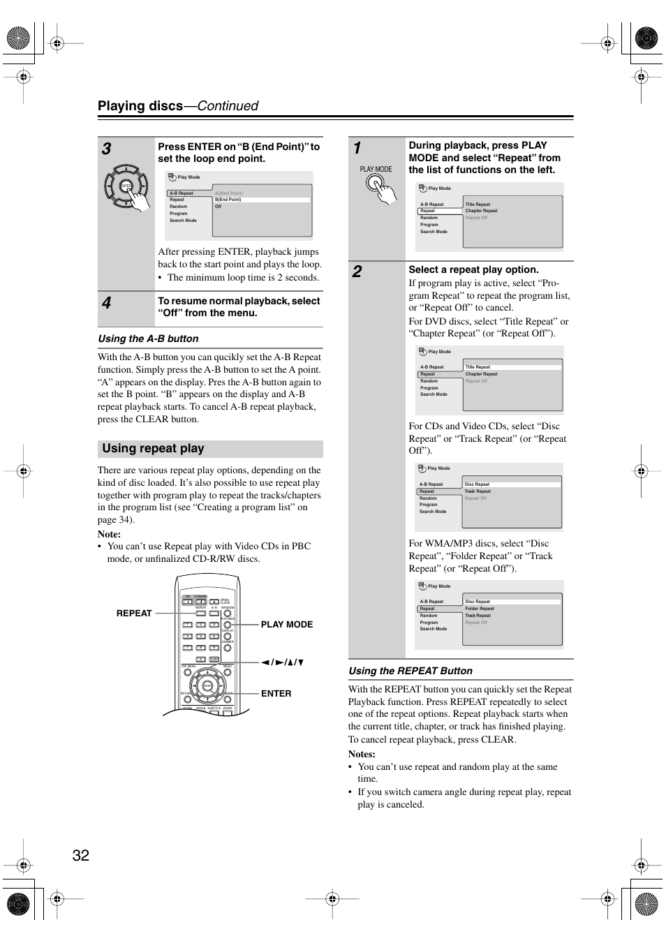 Using repeat play, Utton [32, Playing discs —continued | Onkyo DV-SP501 User Manual | Page 32 / 60