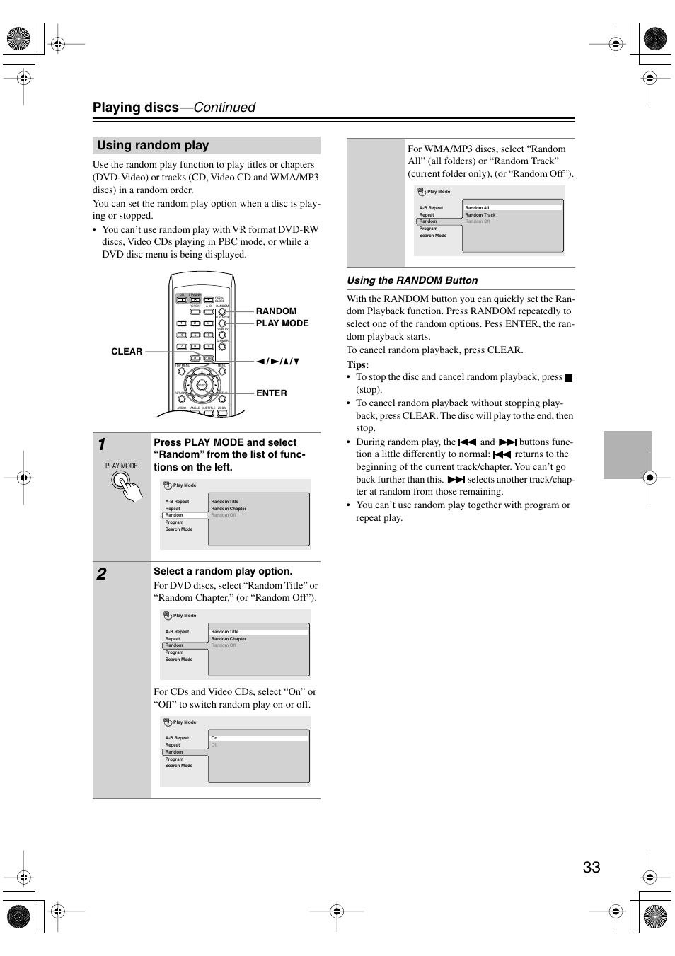 Using random play, Utton [33, Playing discs —continued | Onkyo DV-SP501 User Manual | Page 33 / 60