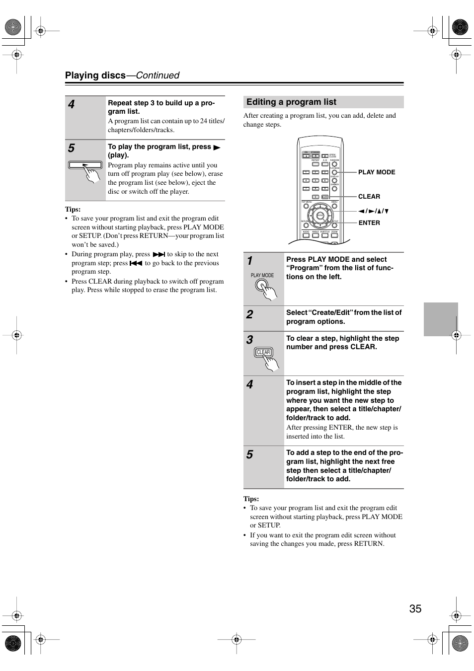 Editing a program list, Utton [35, Clear [35 | Playing discs —continued | Onkyo DV-SP501 User Manual | Page 35 / 60
