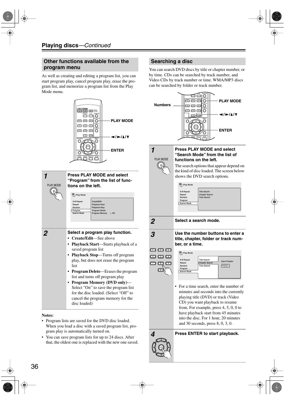 Other functions available from the program menu, Searching a disc, Other functions available | From the program menu, Uttons [36, Playing discs —continued, Select a search mode, Press enter to start playback | Onkyo DV-SP501 User Manual | Page 36 / 60