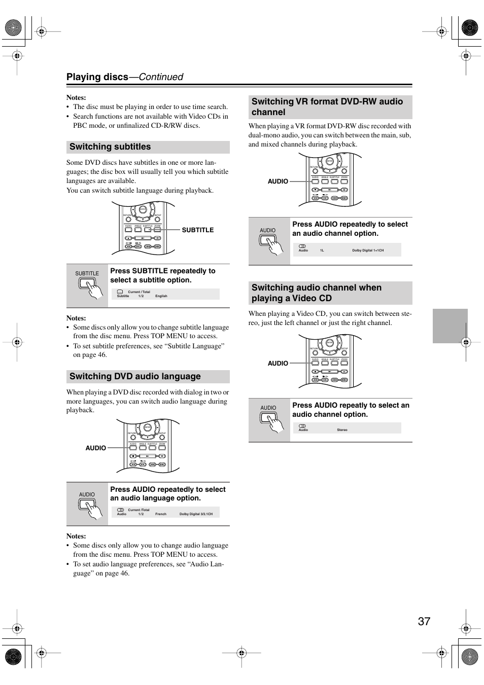 Switching subtitles, Switching dvd audio language, Switching vr format dvd-rw audio channel | Switching audio channel when playing a video cd, Audio channel, Switching audio channel when playing, A video cd, Utton [37, Playing discs —continued | Onkyo DV-SP501 User Manual | Page 37 / 60