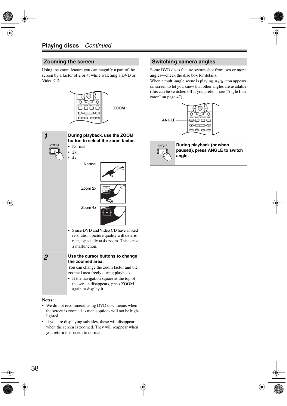 Zooming the screen, Switching camera angles, Zooming the screen switching camera angles | Utton [38, Playing discs —continued | Onkyo DV-SP501 User Manual | Page 38 / 60
