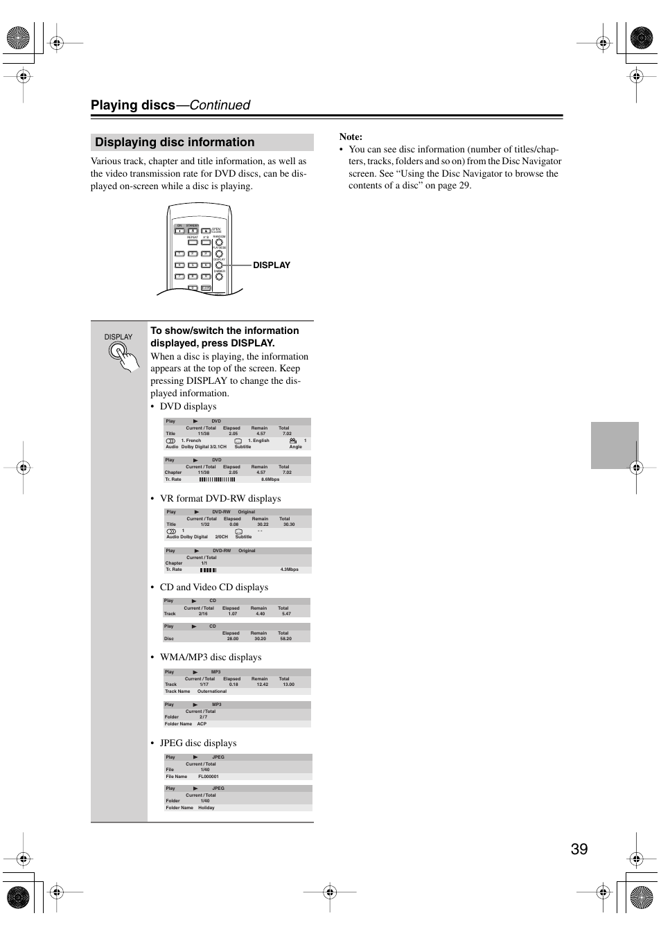 Displaying disc information, Utton [39, Playing discs —continued | Display | Onkyo DV-SP501 User Manual | Page 39 / 60