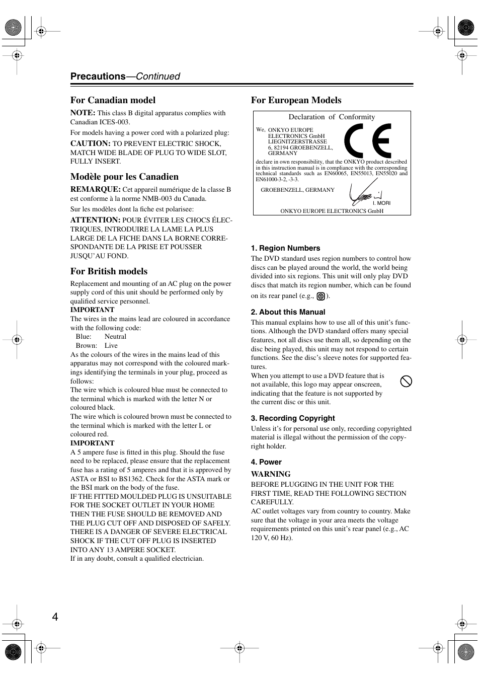 Precautions —continued for canadian model, Modèle pour les canadien, For british models | For european models | Onkyo DV-SP501 User Manual | Page 4 / 60