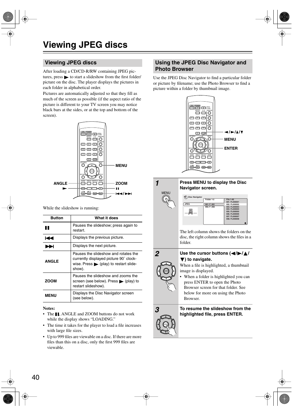 Viewing jpeg discs, Using the jpeg disc navigator and photo browser, Viewing jpeg discs using the jpeg disc navigator | And photo browser | Onkyo DV-SP501 User Manual | Page 40 / 60