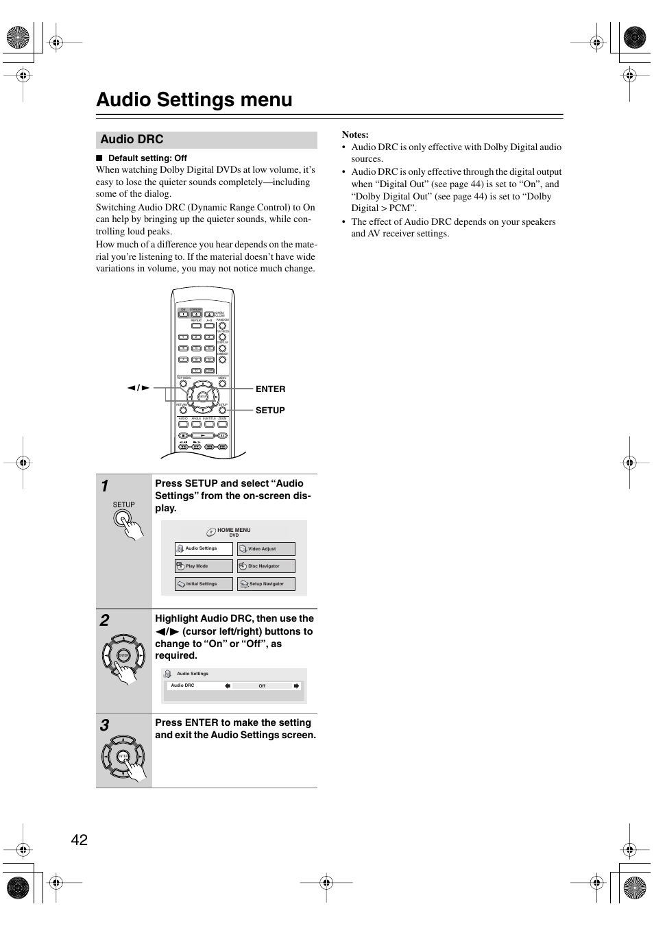 Audio settings menu, Audio drc | Onkyo DV-SP501 User Manual | Page 42 / 60