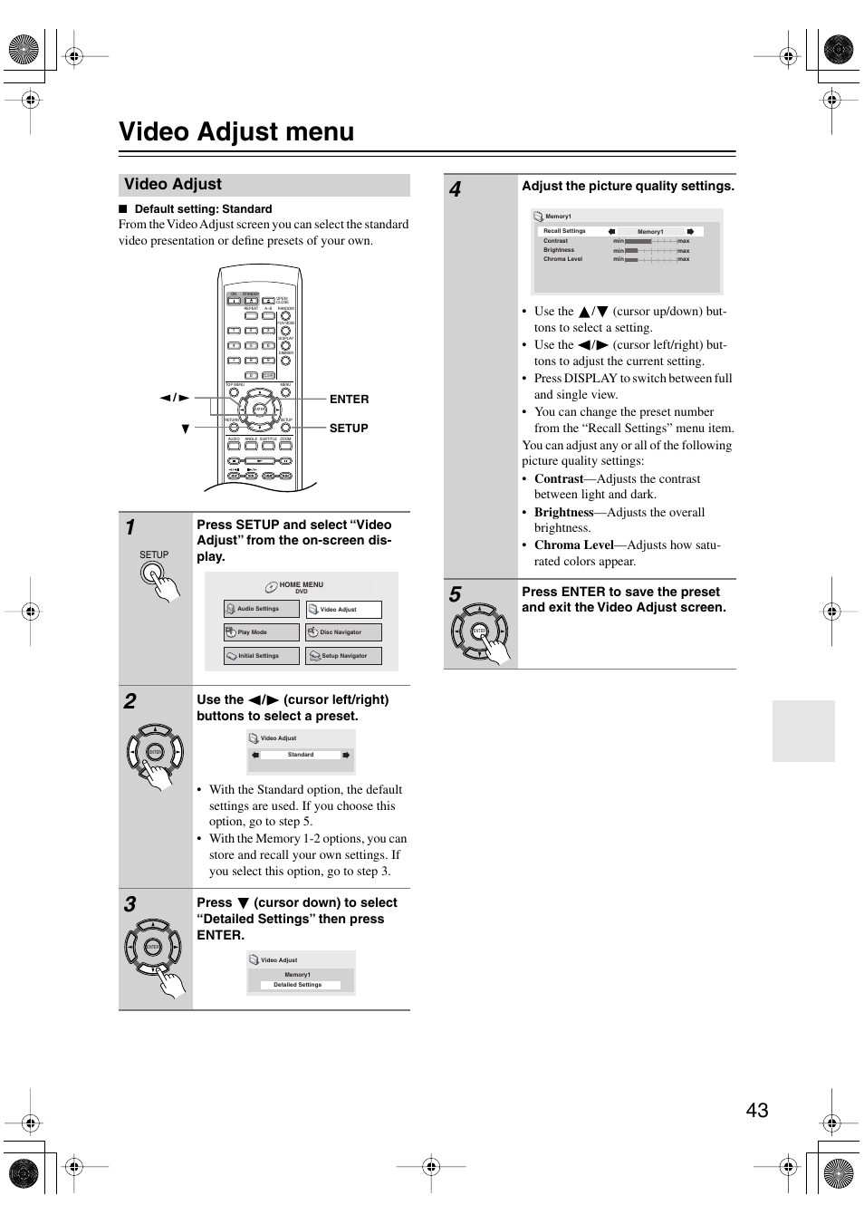 Video adjust menu, Video adjust | Onkyo DV-SP501 User Manual | Page 43 / 60