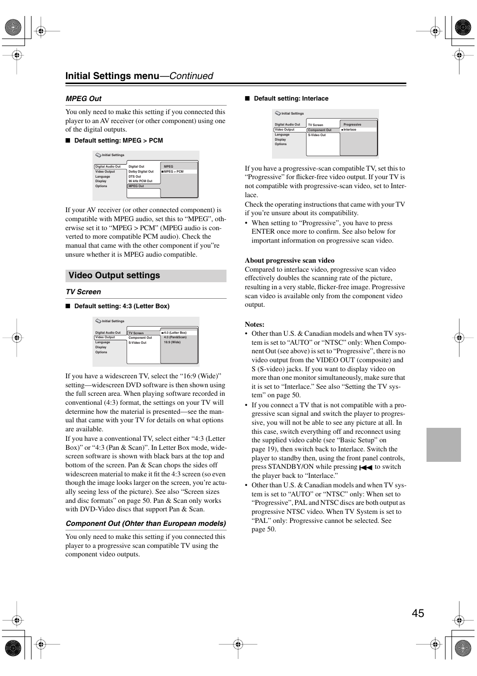 Video output settings, Initial settings menu —continued | Onkyo DV-SP501 User Manual | Page 45 / 60