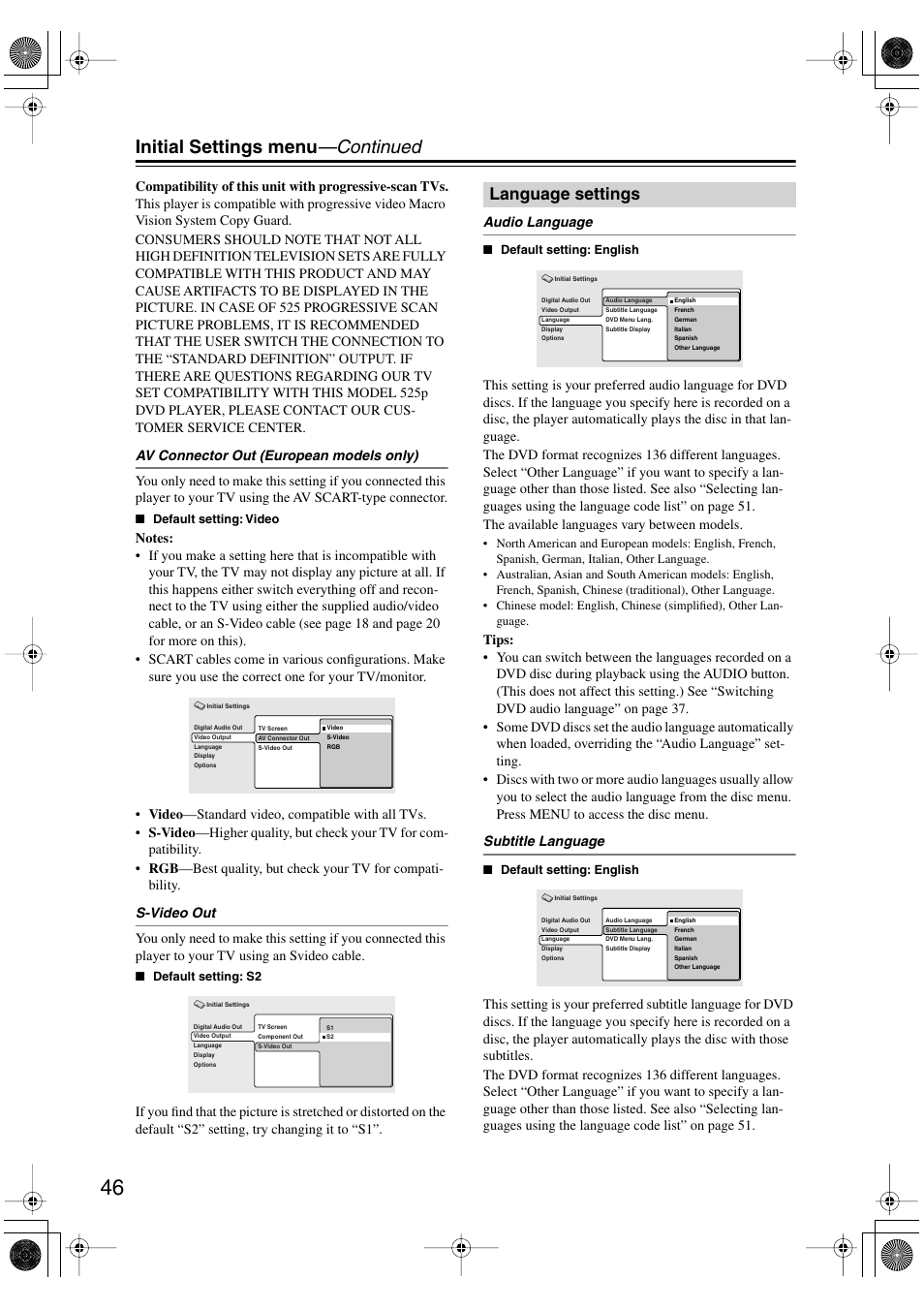 Language settings, O set subtitle preferences, see “subtitle language, O set audio language preferences, see “audio lan | Initial settings menu —continued | Onkyo DV-SP501 User Manual | Page 46 / 60