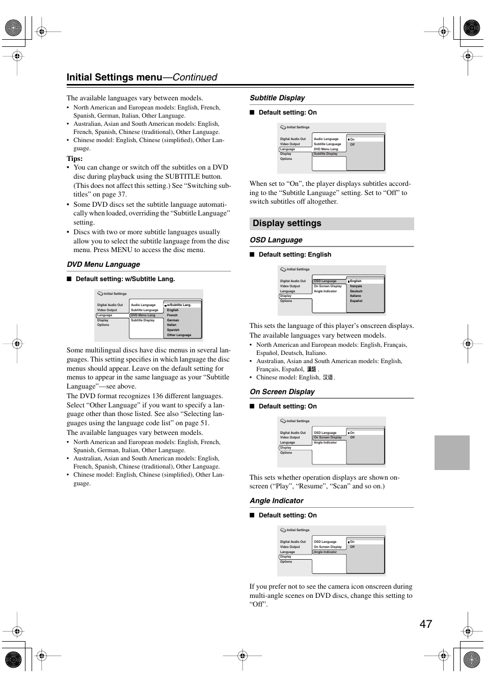 Display settings, Initial settings menu —continued, The available languages vary between models | Subtitle display, On screen display | Onkyo DV-SP501 User Manual | Page 47 / 60