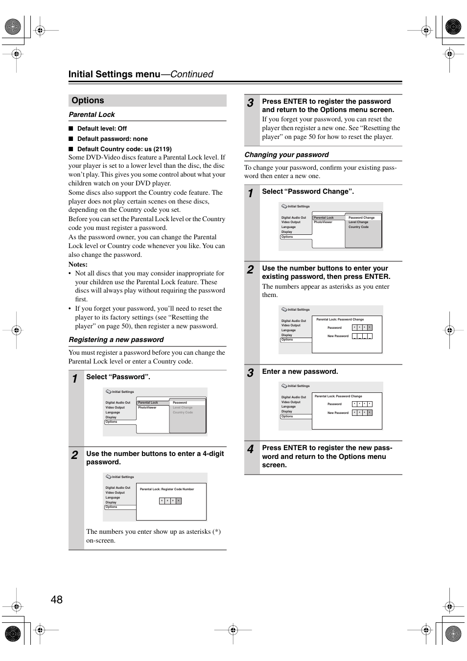 Options, Initial settings menu —continued | Onkyo DV-SP501 User Manual | Page 48 / 60