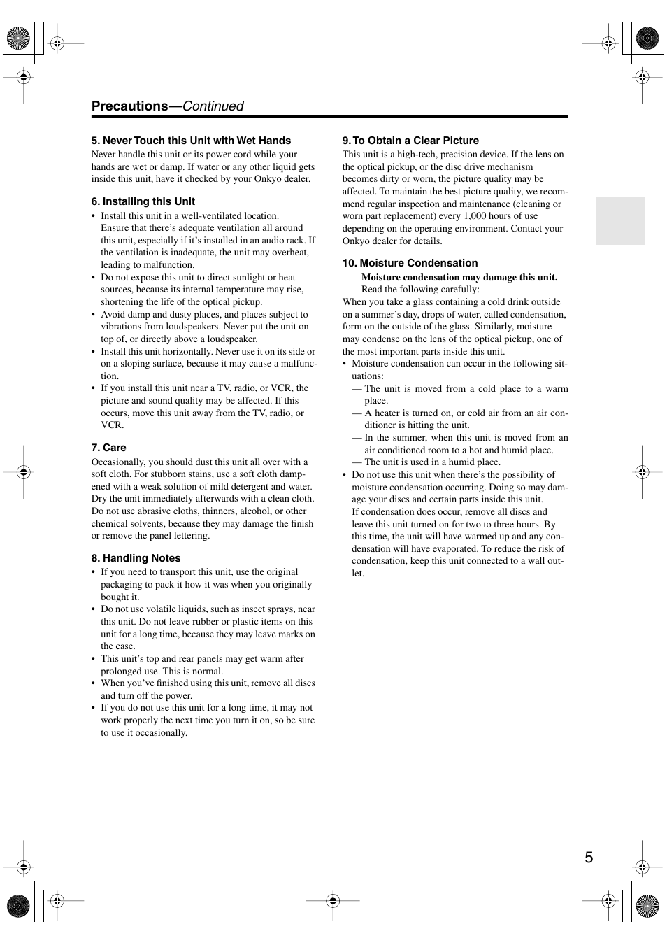 Precautions —continued | Onkyo DV-SP501 User Manual | Page 5 / 60