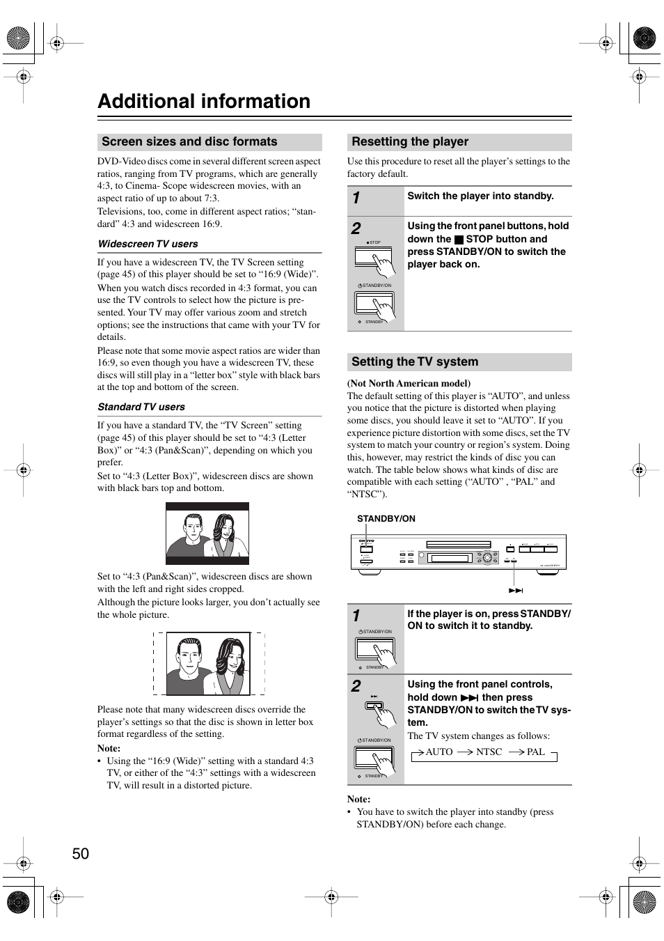Additional information, Screen sizes and disc formats, Resetting the player | Setting the tv system | Onkyo DV-SP501 User Manual | Page 50 / 60