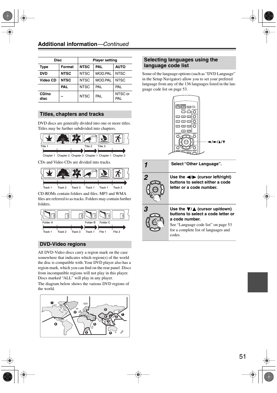 Titles, chapters and tracks, Dvd-video regions, Selecting languages using the language code list | Code list, Additional information —continued, Titles, chapters and tracks dvd-video regions | Onkyo DV-SP501 User Manual | Page 51 / 60