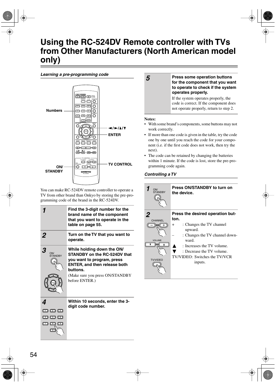 Using the rc-524dv remote controller, Y) [54 | Onkyo DV-SP501 User Manual | Page 54 / 60