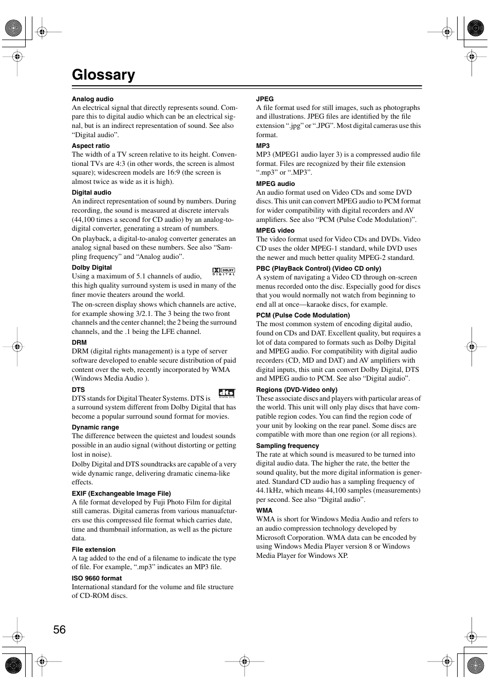 Glossary | Onkyo DV-SP501 User Manual | Page 56 / 60