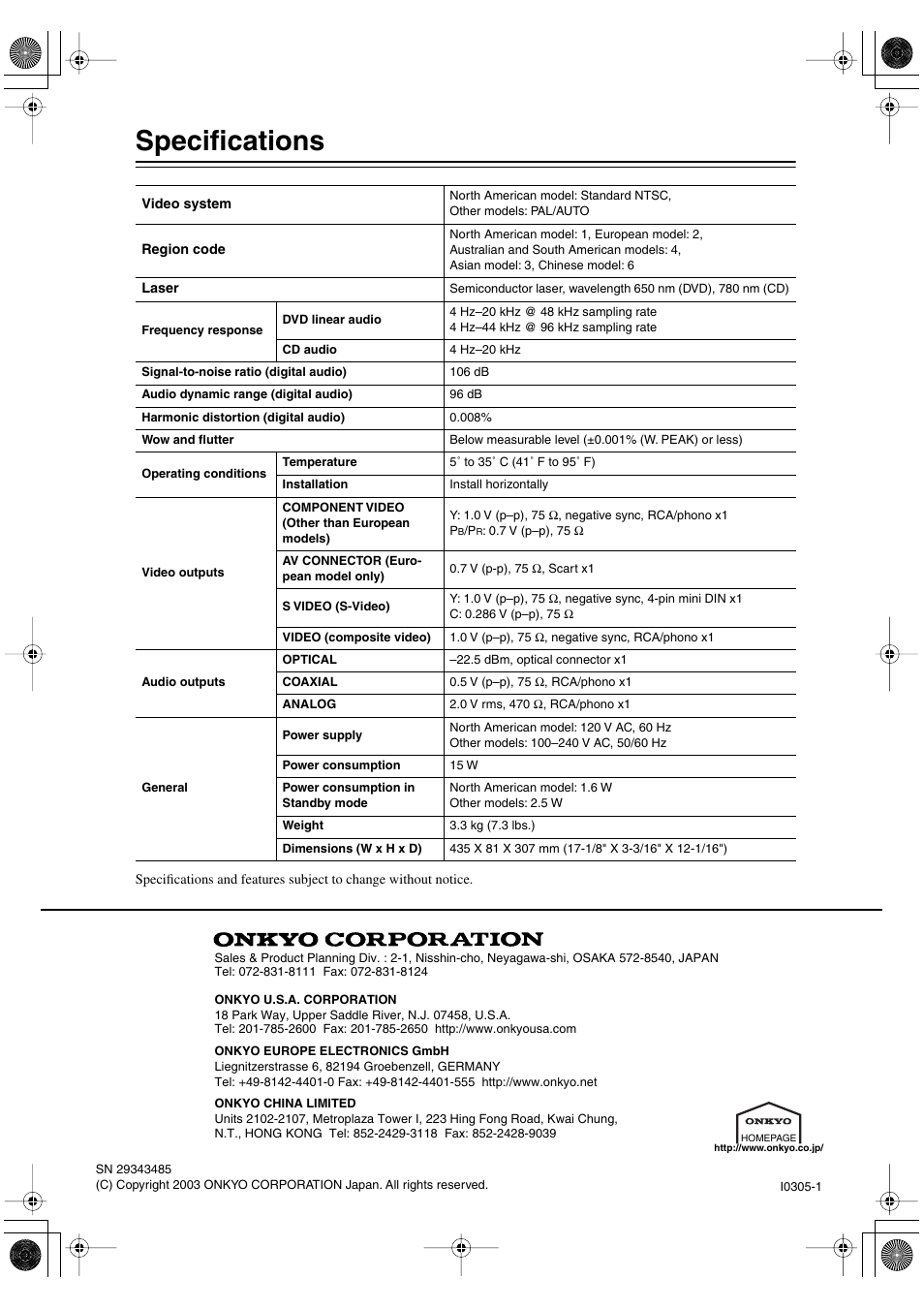 Specifications | Onkyo DV-SP501 User Manual | Page 60 / 60