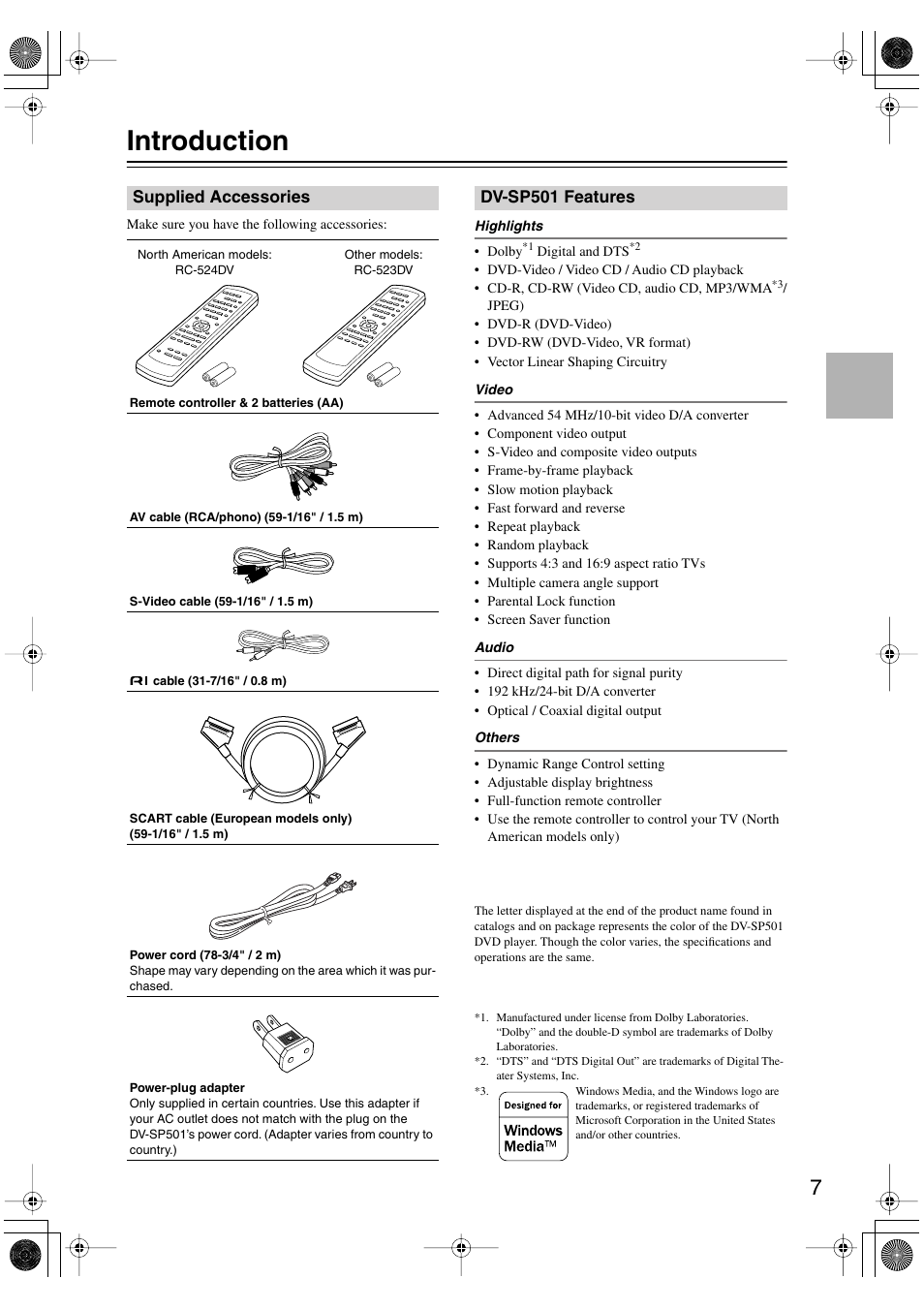 Introduction, Supplied accessories, Dvsp501 features | Supplied accessories dv-sp501 features | Onkyo DV-SP501 User Manual | Page 7 / 60