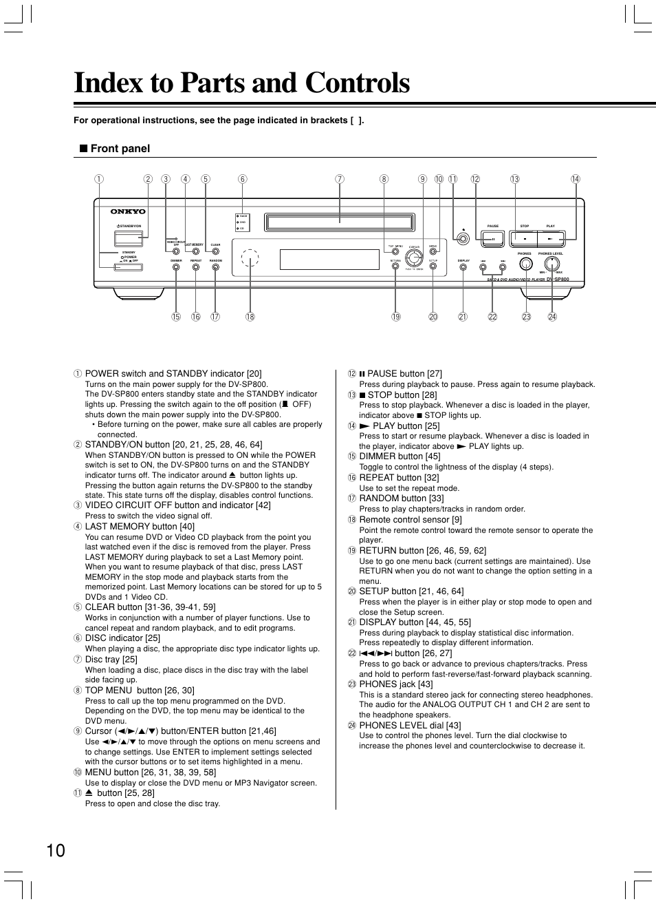 Index to parts and controls, Front panel | Onkyo DV-SP800 User Manual | Page 10 / 76