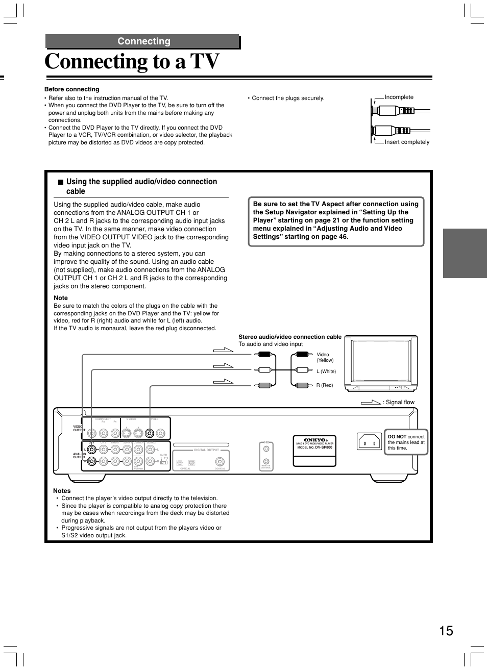 Connecting to a tv, Connecting, Using the supplied audio/video connection cable | Onkyo DV-SP800 User Manual | Page 15 / 76